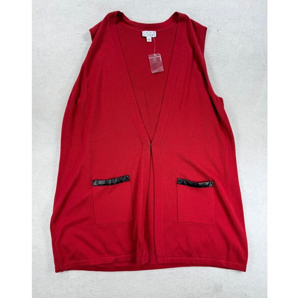 Joan Rivers Red Sleeveless Knit Cardigan Vest Faux Leather Trim Pockets‎ XL NWOT